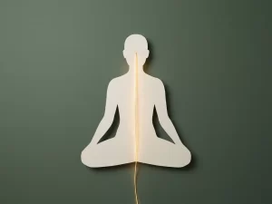 Menselijk silhouet in meditatieve houding met gouden zenuwbaan langs wervelkolom op salie-groene achtergrond.